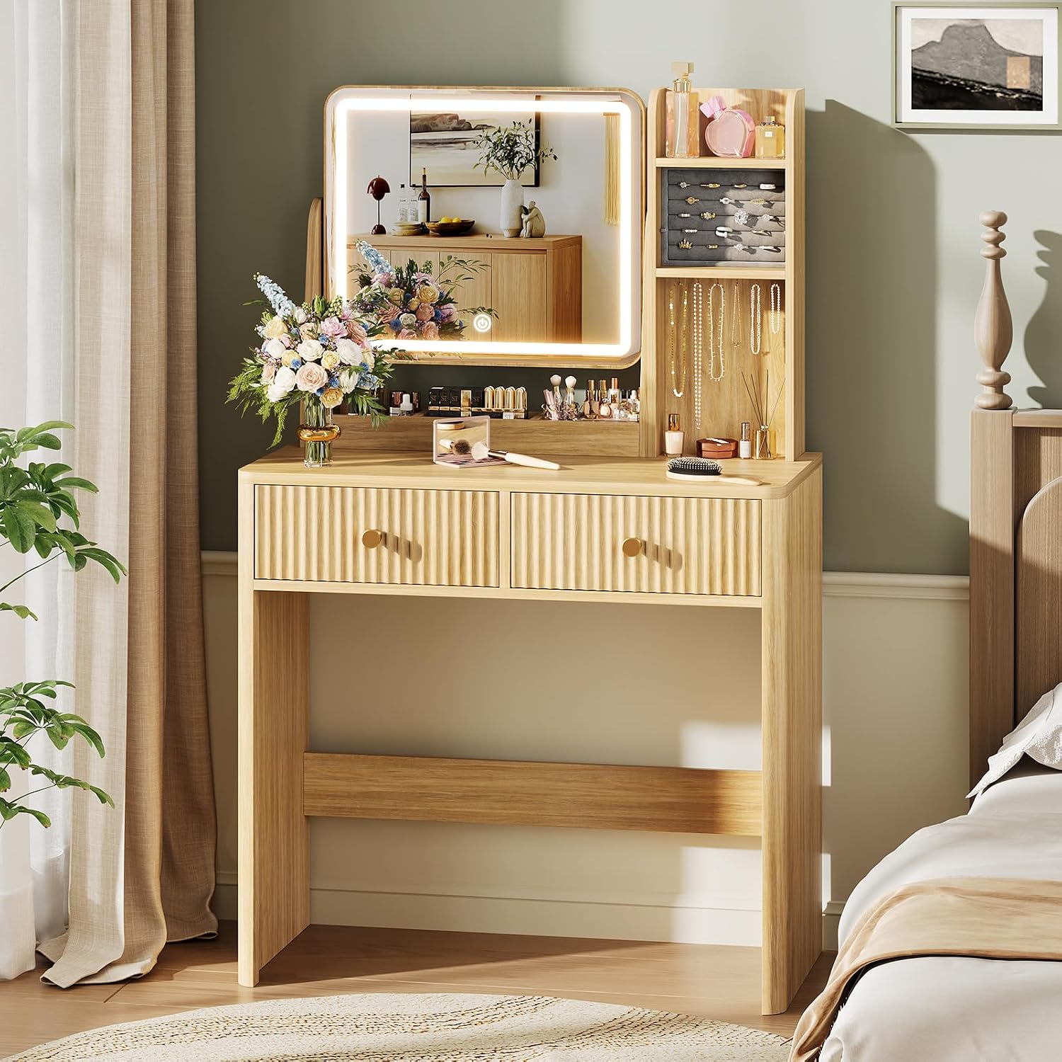 Fluted Vanity Desk with Mirror - Desk Drawer Small ulasan dan harga